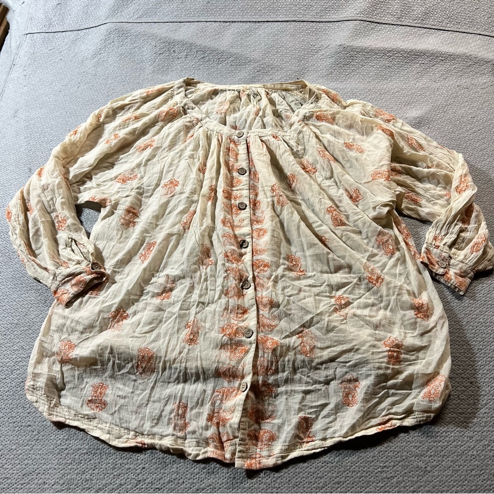 Intimately Free People Beige Orange 100% Cotton Boho Lagenlook Paisley Blouse M